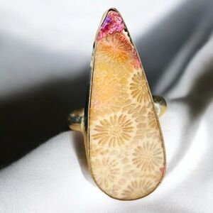 Unique Natural Indonesian Fossil Coral 925 Sterling Silver Ring Jewelry Size 10